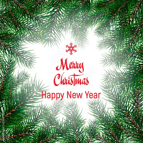 Christmas background with fir branches and wishes Merry Christmas and Happy New Year. Vector illustration.