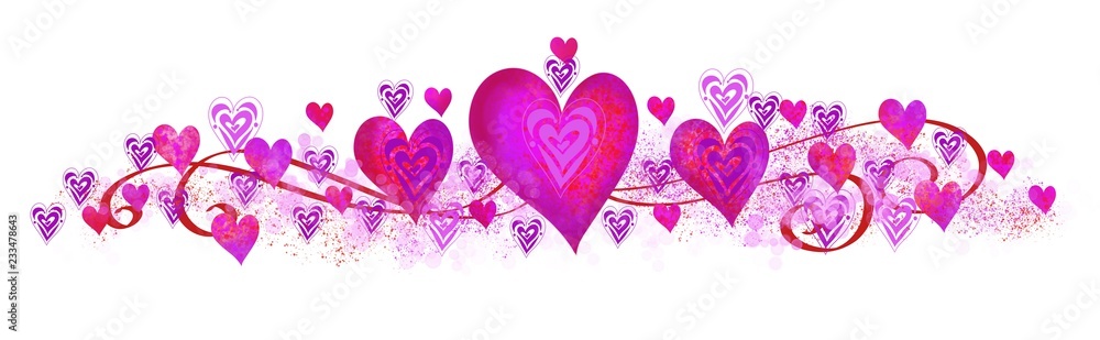 Valentine Love Hearts Wide panorama horizontal header  ribbons bokeh glitter on Red Pink and purple  white backgrounds 