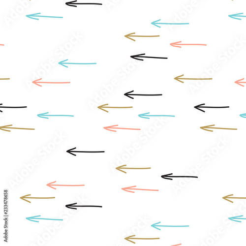 Vintage hand drawn doodle seamless pattern with black, blue and gold spots and arrows.