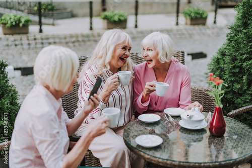 Stylish old ladies sitting on couch at the table with vase of flowers while drinking tea