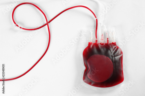 Foto Blood pack for transfusion on white background, top view