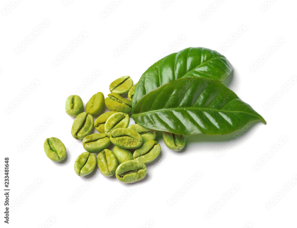 Green coffee beans and fresh leaves on white background Green coffee beans and fresh leaves on white background
