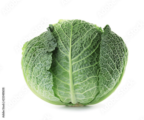 Fresh green savoy cabbage on white background