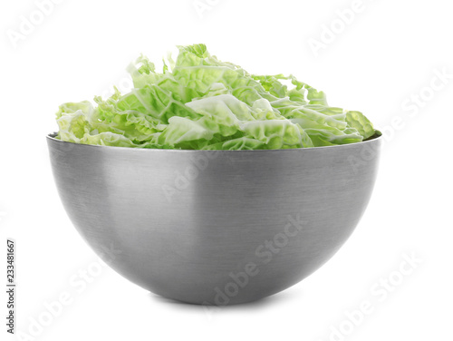 Bowl with shredded savoy cabbage on white background