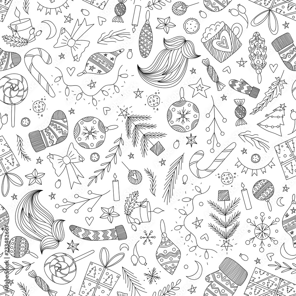 vector christmas doodle seamless pattern with ornaments, santas sock, mitten, beard, pine tree, candy cane, lollipop, bow, candies, stars, christmas tree lights, presents. christmas wrapping paper. vector christmas doodle seamless pattern with ornaments, santas sock, mitten, beard, pine tree, candy cane, lollipop, bow, candies, stars, christmas tree lights, presents. christmas wrapping paper.