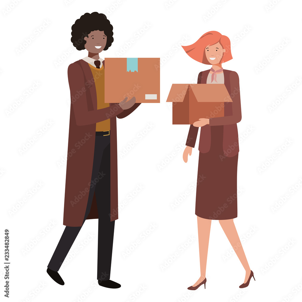young couple with cardboard box avatar character young couple with cardboard box avatar character