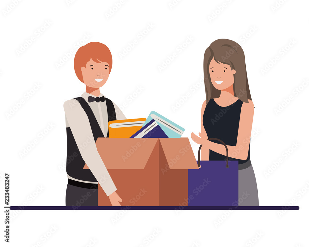 cuople with cardboard box and shopping bag cuople with cardboard box and shopping bag
