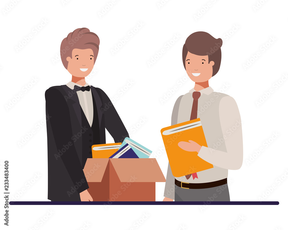 Obraz premium men with book of diary and cardboard box