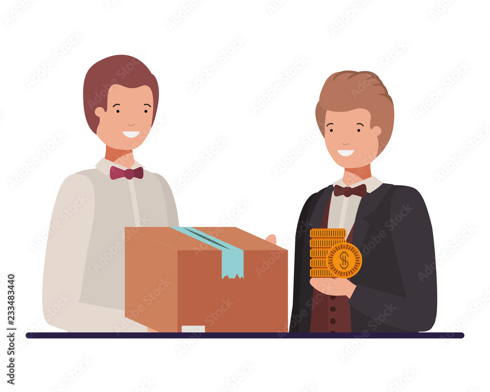 Obraz premium young men with cardboard box and coins