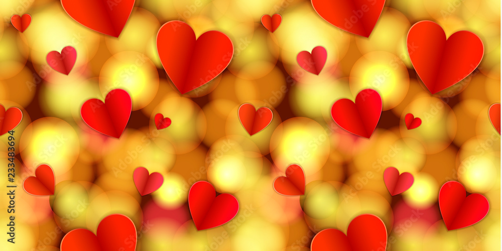 Vector Seamless Glowing Pattern, Abstract Golden Light and Hearts, Bright Colors.