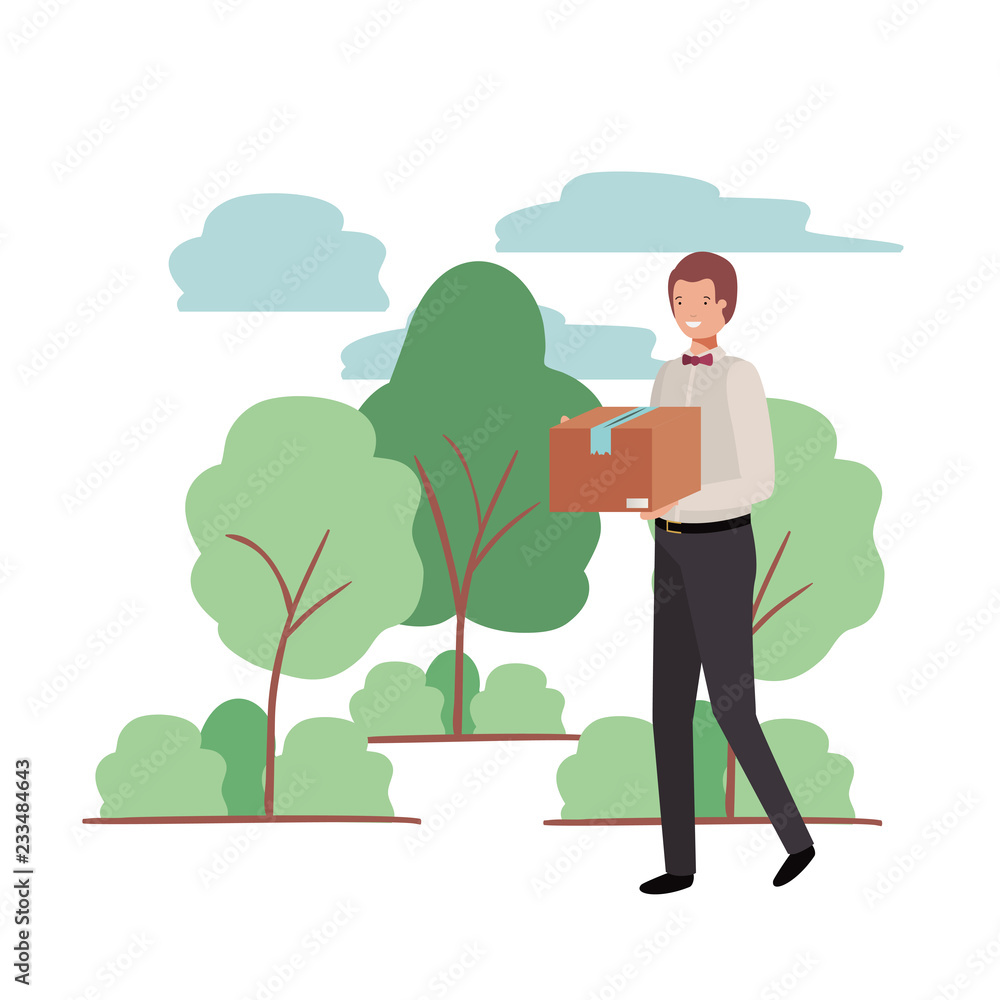 man with cardboard box in landscape avatar character man with cardboard box in landscape avatar character