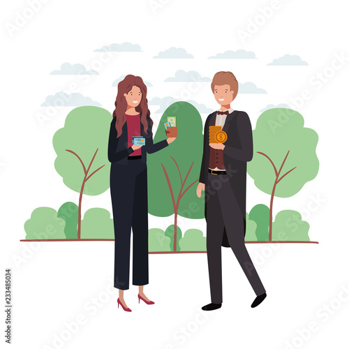 couple with wallet and book of diary in landscape