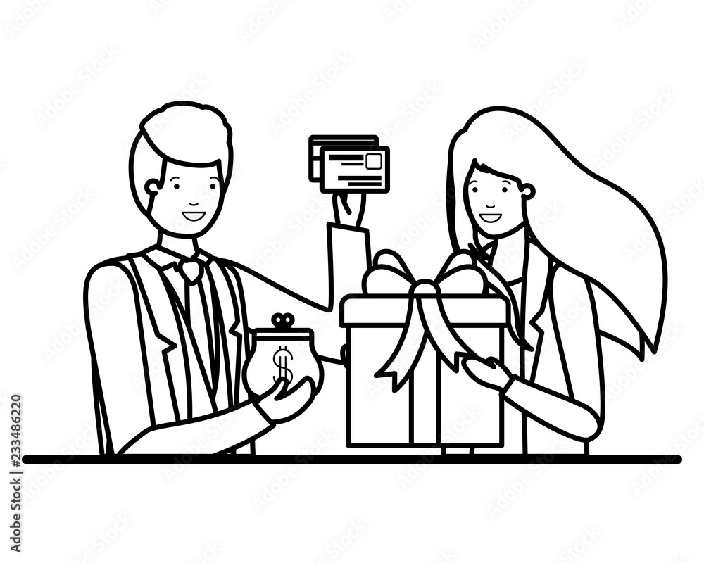couple with gift box and coin purse with credit card couple with gift box and coin purse with credit card