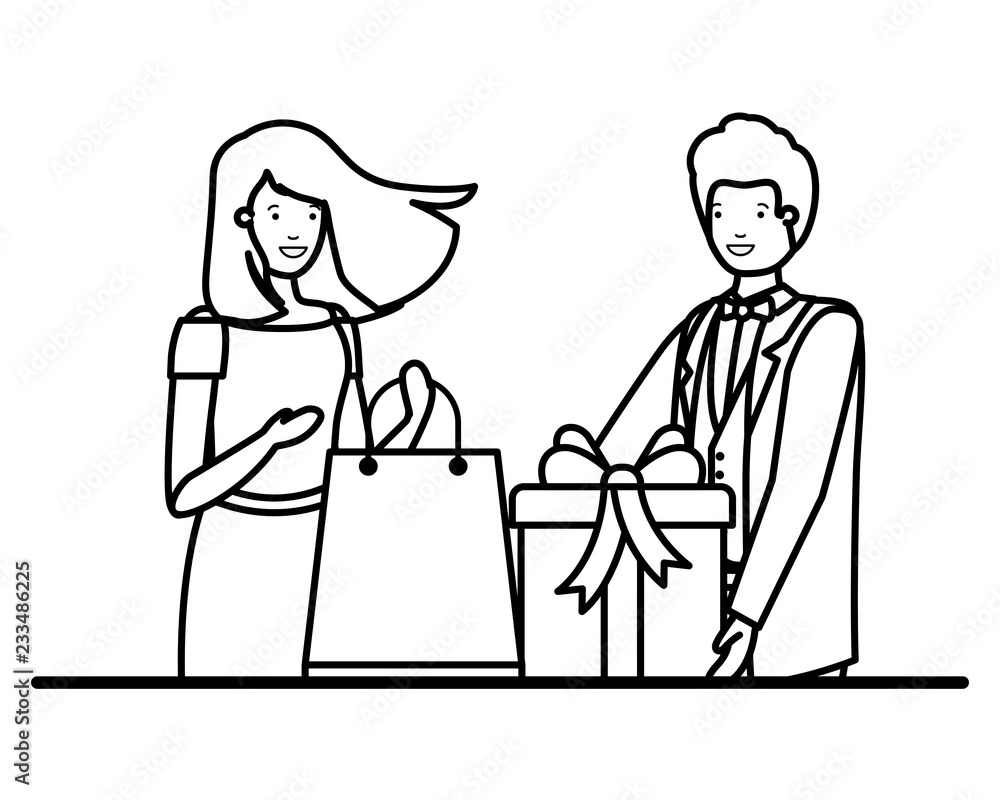 young couple with shopping bag and gift box