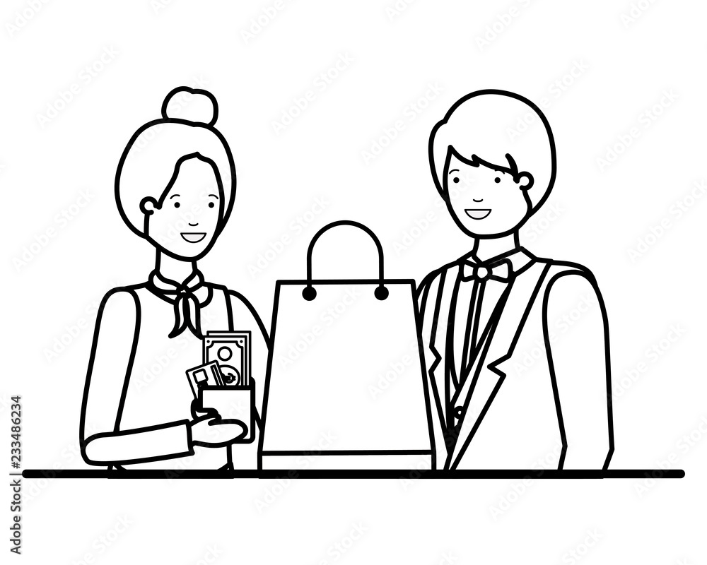 couple young with shopping bag avatar character