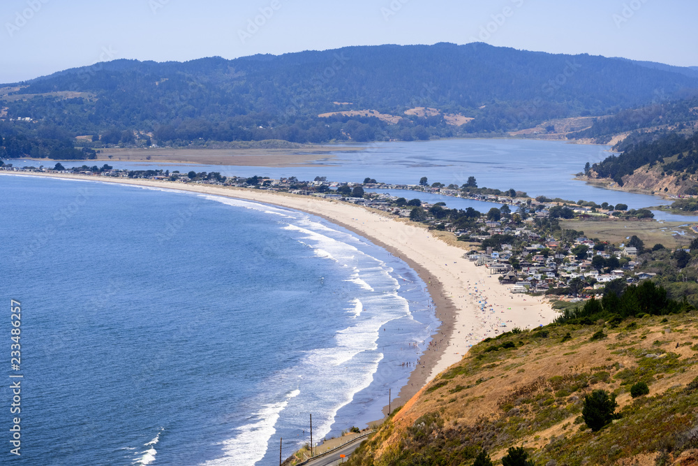 Aerial view of Stinson Beach and Bolinas lagoon, Marin County, north San Francisco bay area, California