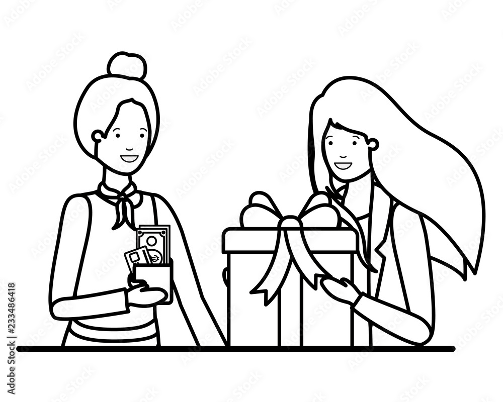 women with wallet and gift box avatar character women with wallet and gift box avatar character