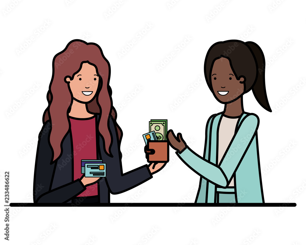 women with wallet and credit card avatar character women with wallet and credit card avatar character