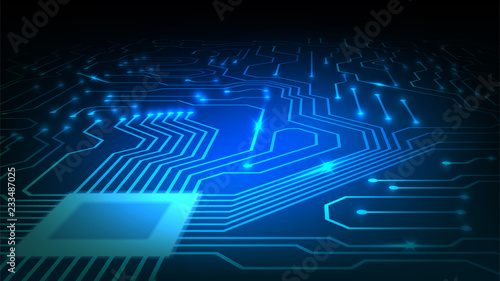 Background with glowing microcircuits and a processor, abstract blue technological background, motherboard