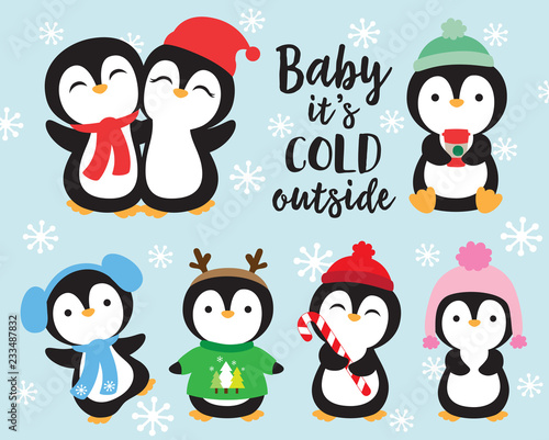 Cute baby penguins in winter outfits vector illustration. Penguins wearing winter scarf and hat.