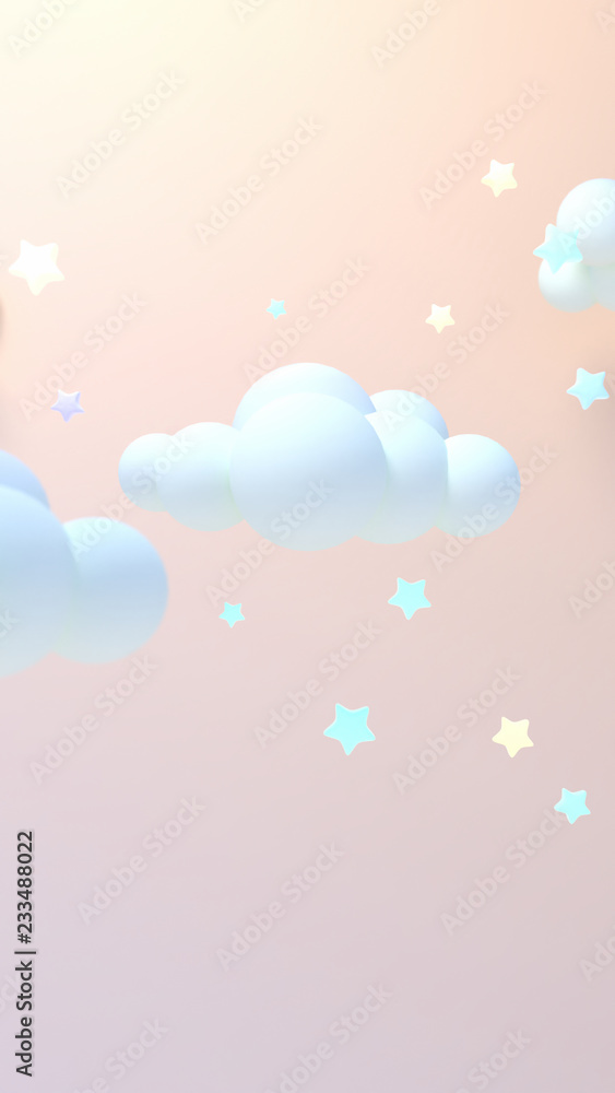 Pastel starry night and clouds vertical wallpaper. 3d rendering picture.