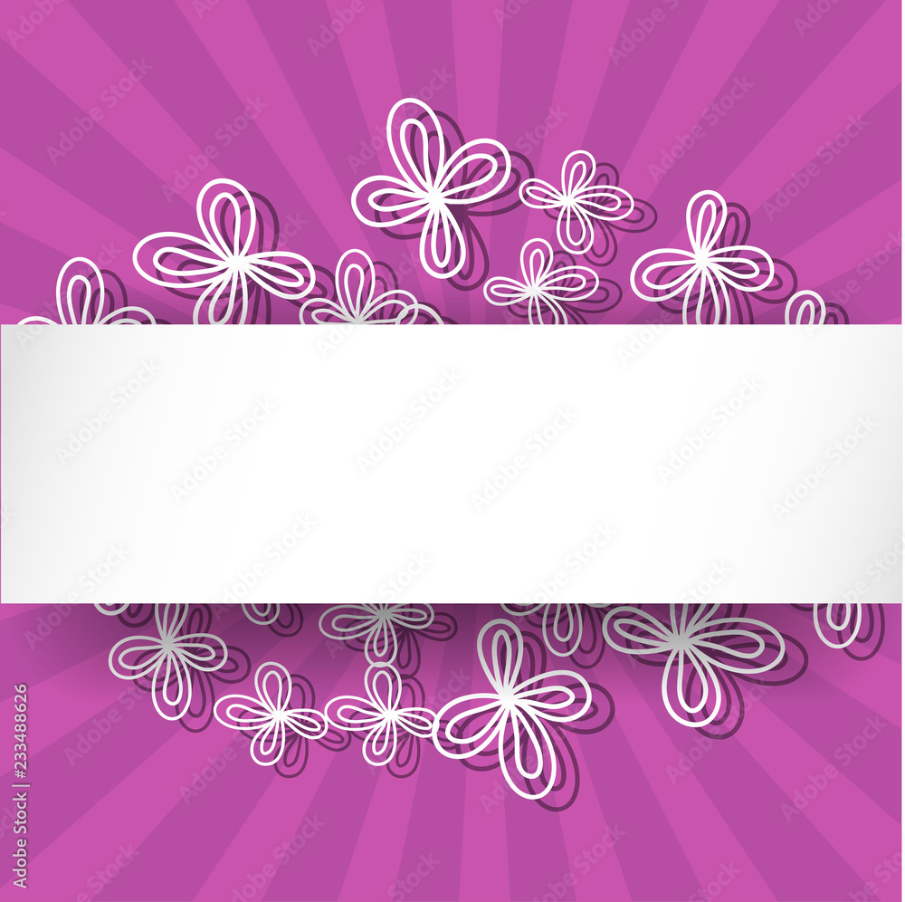Violet rays background with abstract white flowers and place for text.