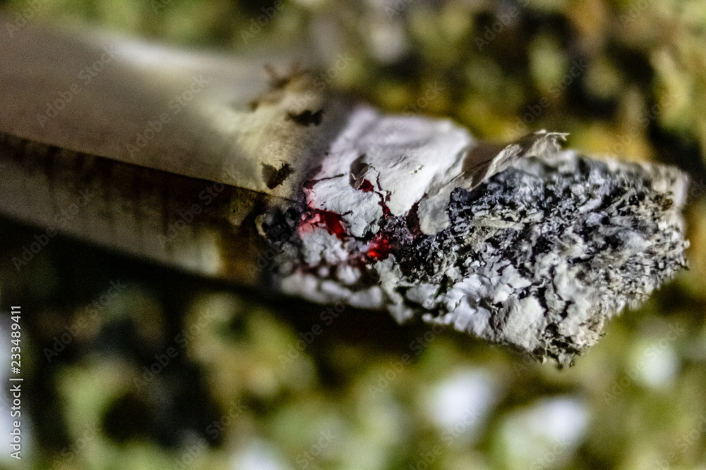 The tip of a marijuana joint close up burning over ground marijuana