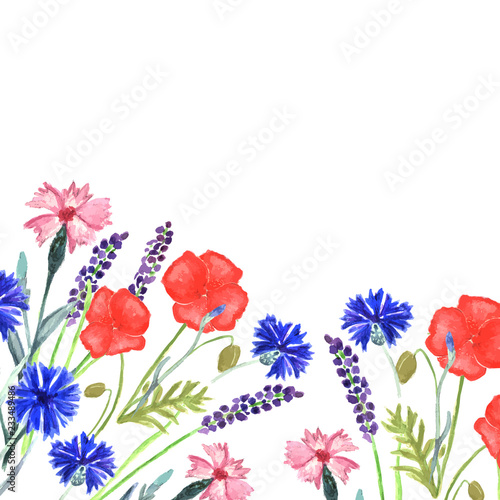 Watercolor painted wedding invitation. Cornflower, lavender, sweet pea  and poppy flowers pattern © Maria Cherevan