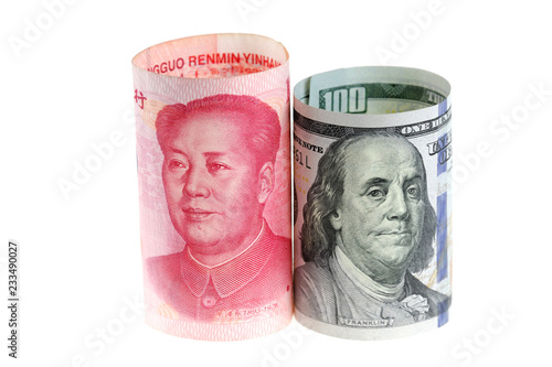 Canvas Print close up on US dollar and Chinese RMB bills isolated on white background