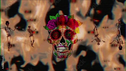 Animation done at the computer of colored skull and  skeletons with red , green, and black backgrounds photo