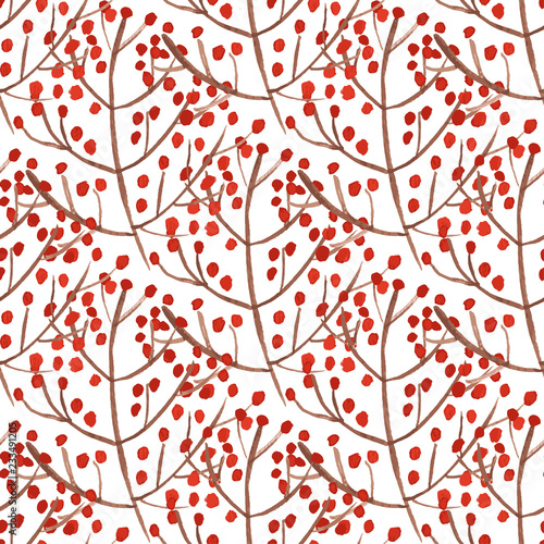 Watercolor seamless pattern with red berry branches.