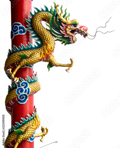 golden Chinese dragon on the red pole