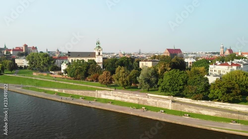 Drone over Vistula River and Church of St Michael the Archangel, Krakow Poland photo