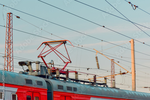 Electric train trolley pole railway electrification system.