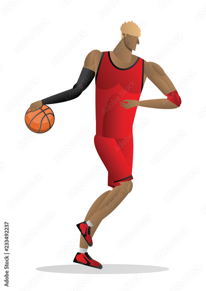 Naklejka premium basketball player in red uniform with the ball