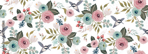 Vector illustration of a seamless floral pattern with a bird in spring for We...