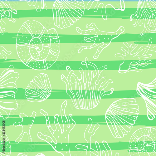 Sea shells  seastars and corals seamless background. Light green  white colors  pattern for coloring book  textile  print  wallpaper.  life