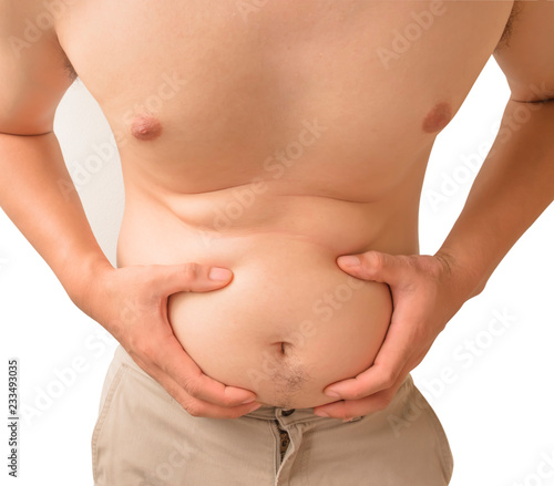 Closeup of abdominal surface man fat on white background. clipping path.