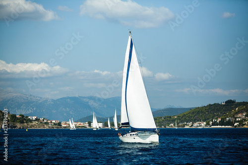 Sailing luxury yachts at Aegean Sea. Cruise yachting.