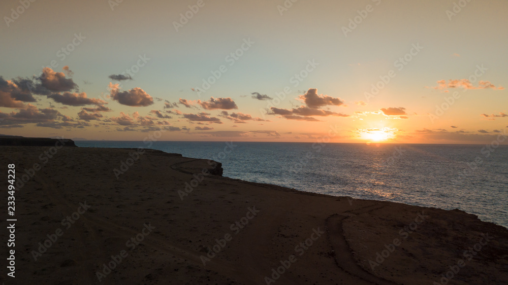 aerial view west coast of Fuerteventura at sunset