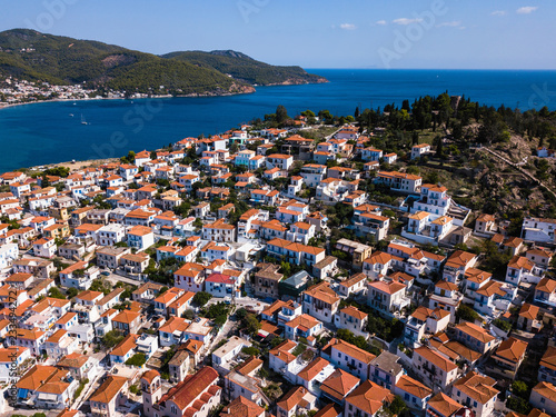 Top view of houses in Poros island  Aegean sea  Greece.