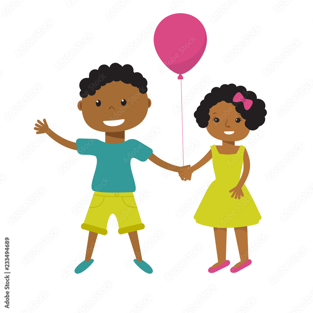 Two cute cartoon african american children with pink balloon holding hands. Older boy and smaller girl, brother sister, or friends illustration Two cute cartoon african american children with pink balloon holding hands. Older boy and smaller girl, brother sister, or friends illustration