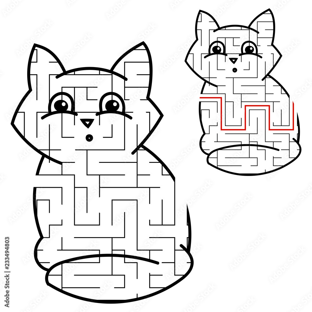 Maze cute kitty. Game for kids. Puzzle for children. Cartoon style. Labyrinth conundrum. Black white vector illustration. With the answer. Maze cute kitty. Game for kids. Puzzle for children. Cartoon style. Labyrinth conundrum. Black white vector illustration. With the answer.