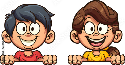 Fototapeta Naklejka Na Ścianę i Meble -  Happy cartoon boy and girl peeking out. Vector clip art illustration with simple gradients. Each on a separate layer. 