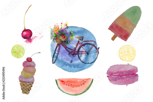 Watercolor illustrator of travel to eat set, bike with flower,cherry, ice cream,watermelon, lime, lemon slice on white background, watercolor illustrator hand drawn photo