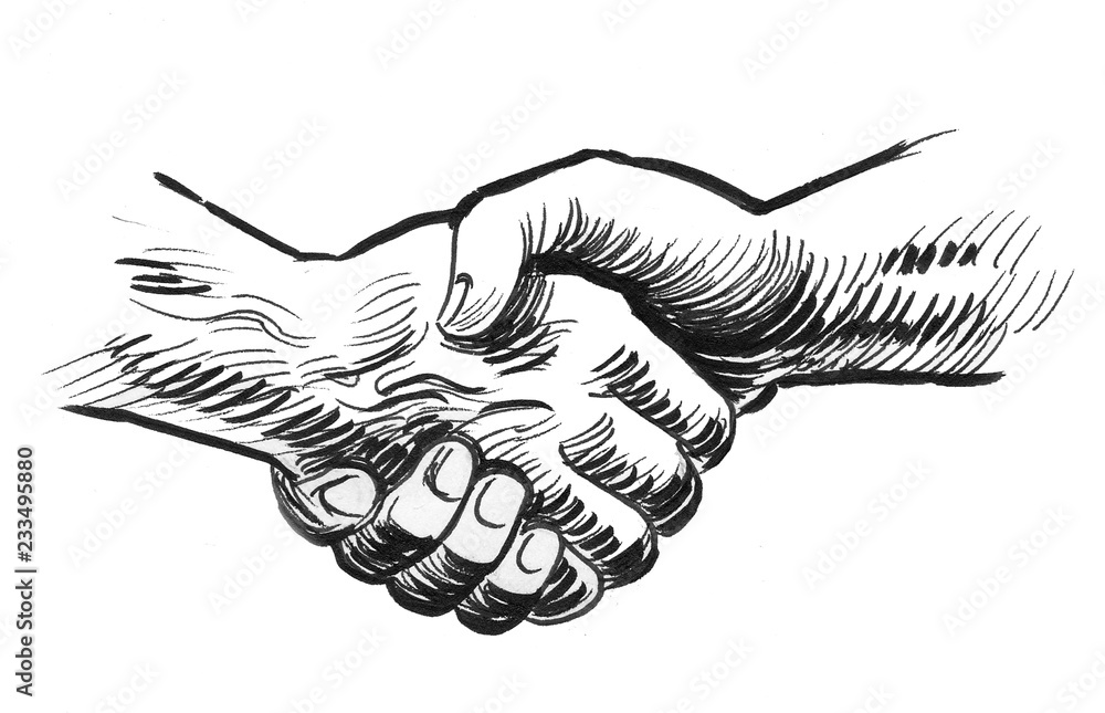 Obraz premium Strong handshake. Ink black and white illustration
