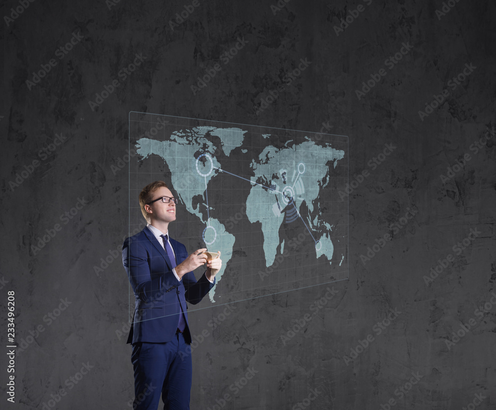 Businessman standing with smartphone. World map background. Business, globalization, concept. Businessman standing with smartphone. World map background. Business, globalization, concept.