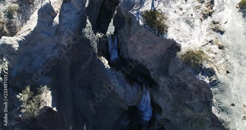 Aerial drone senital scene of two waterfall bewteen rocks and cliffs. Detail of water movement. National Park El Leoncito, San Juan Province, argentina photo