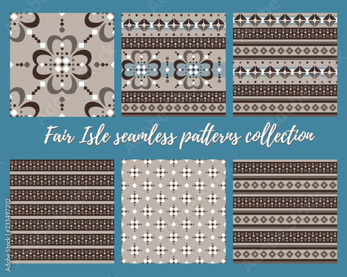 Fair Isle beige brown blue white seamless pattern set