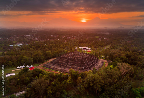 Borobudur world largest Buddhist temple aerial view at sunrise, Indonesia